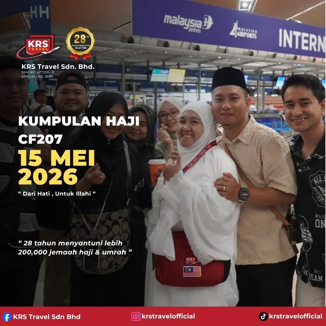 Kumpulan haji CF207 KRS Travel di balai berlepas antarabangsa KLIA pada 15 Mei 2026
