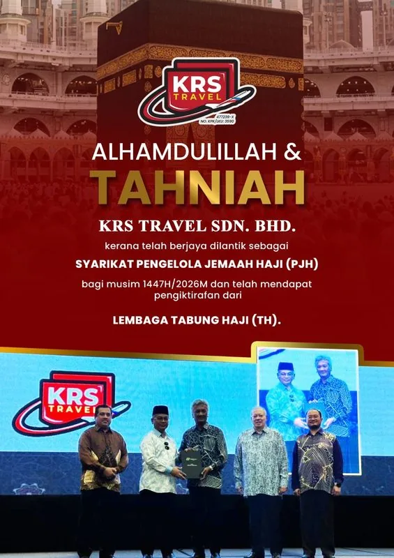 Poster tahniah KRS Travel Sdn Bhd dilantik sebagai Syarikat Pengelola Jemaah Haji 1447H