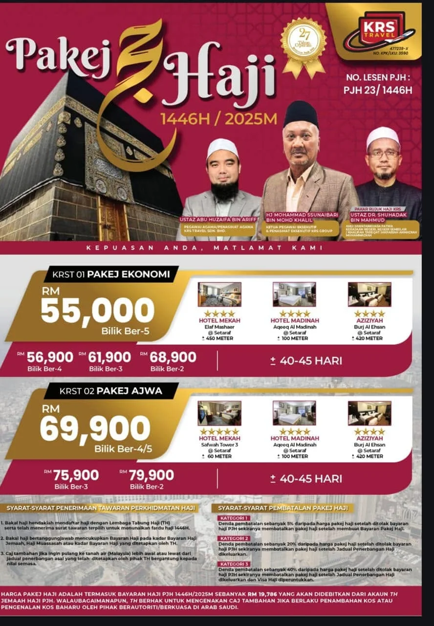 Risalah Pakej Haji PJH KRS Travel 1446H muka 1: Pakej Ekonomi dari RM55,000 dan Pakej Ajwa dari RM69,900, senarai hotel Mekah, Madinah dan Aziziah, serta syarat penerimaan dan pembatalan