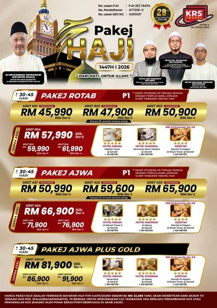 Risalah Pakej Haji PJH KRS Travel 1447H muka 1: harga dan hotel Pakej Rotab, Ajwa dan Ajwa Plus Gold