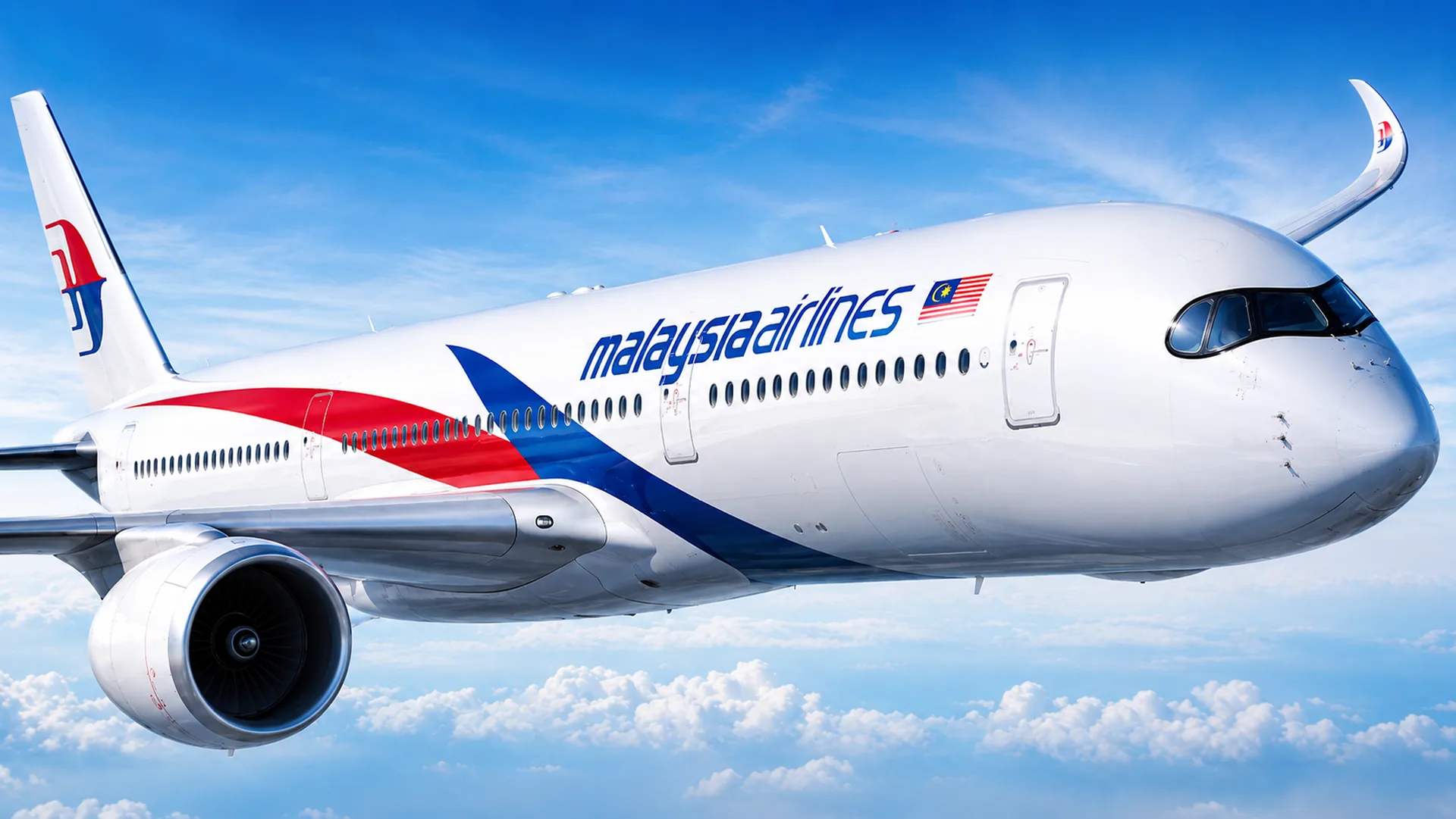 Pesawat Malaysia Airlines Airbus A350 sedang terbang di atas awan