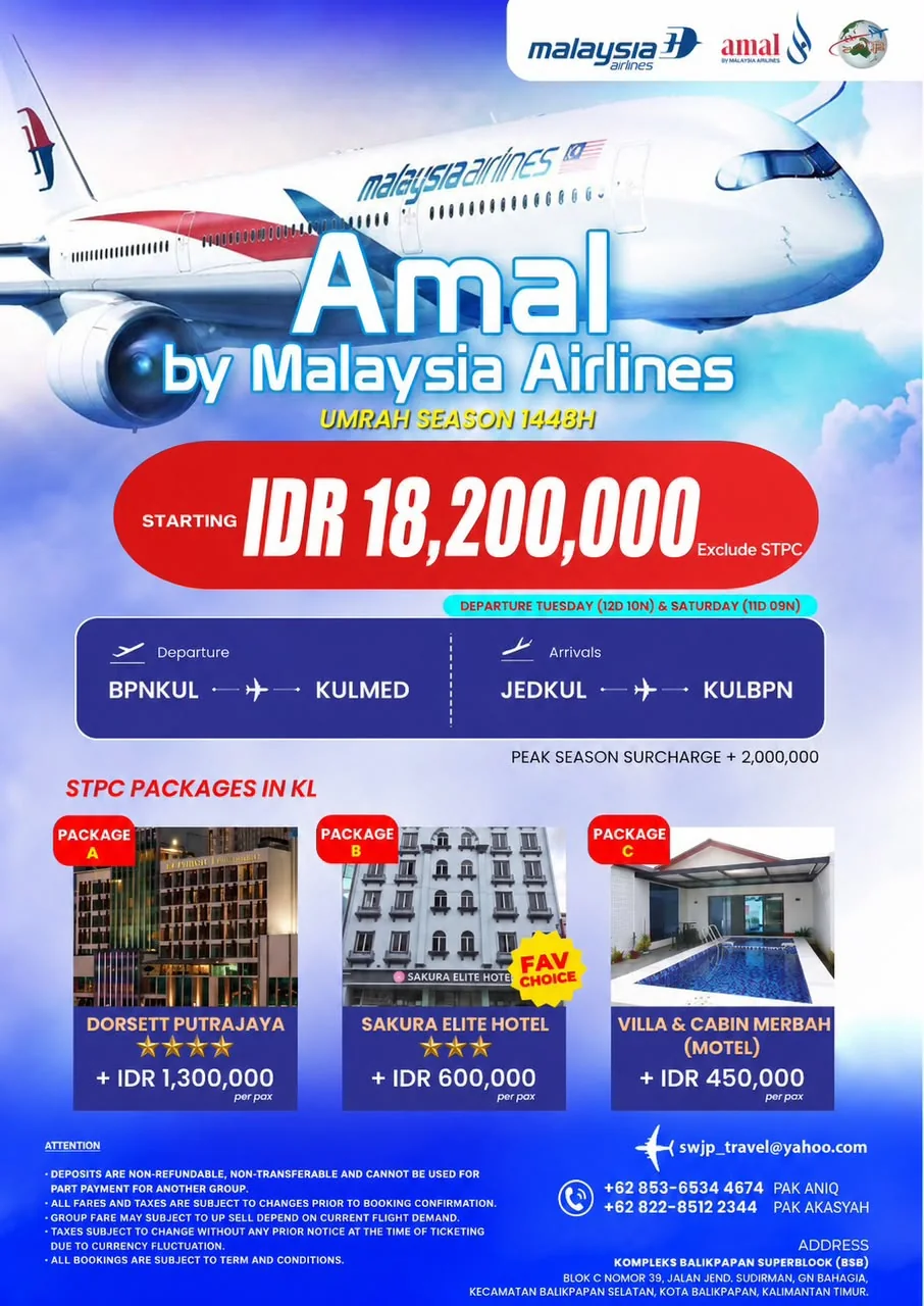 Poster tiket umrah Amal by Malaysia Airlines musim 1448H dengan pakej STPC di Kuala Lumpur