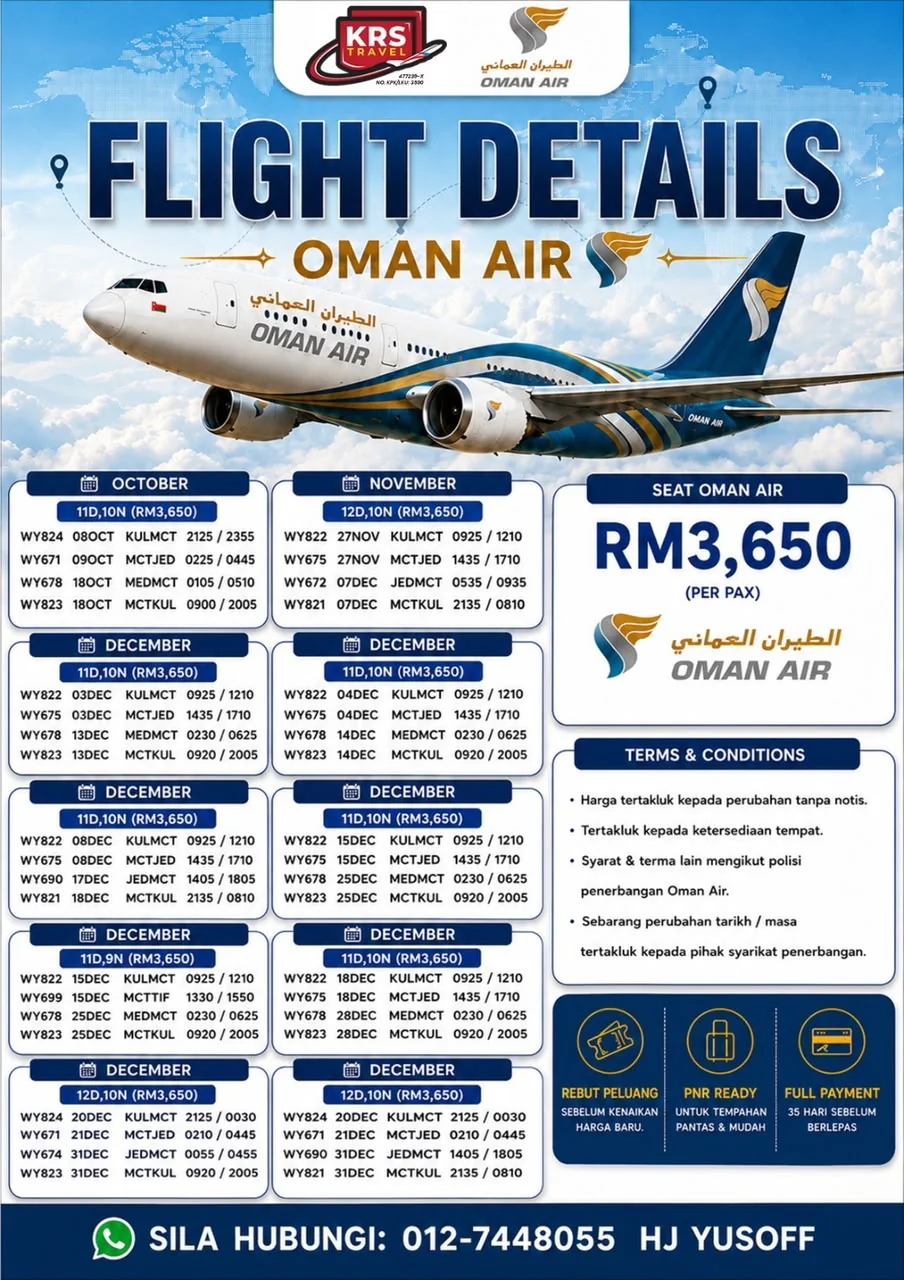 Poster butiran penerbangan Oman Air kendalian KRS Travel bagi Oktober hingga Disember