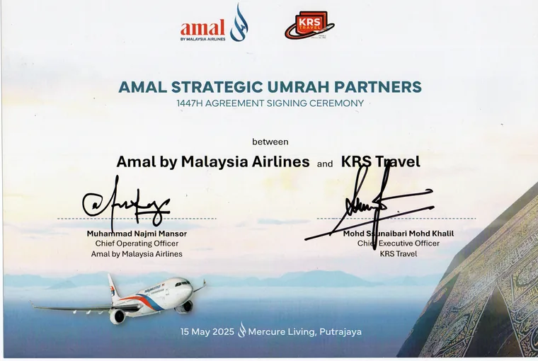 Sijil perjanjian Amal Strategic Umrah Partners 1447H antara Amal by Malaysia Airlines dan KRS Travel
