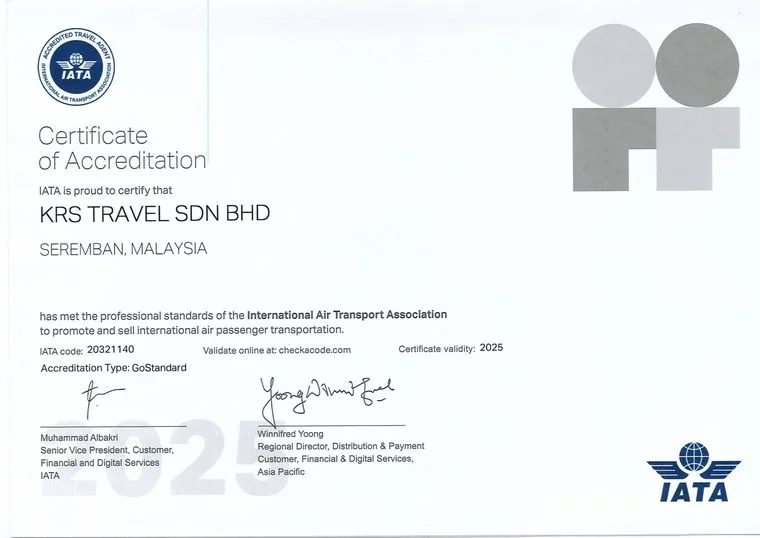 Sijil Akreditasi IATA untuk KRS Travel Sdn Bhd