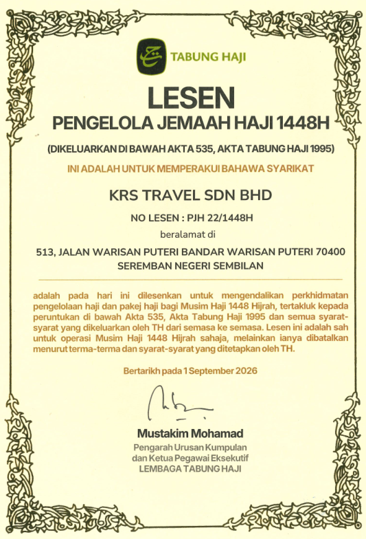 Sijil Lesen Pengelola Jemaah Haji 1448H bagi KRS Travel Sdn Bhd daripada Lembaga Tabung Haji