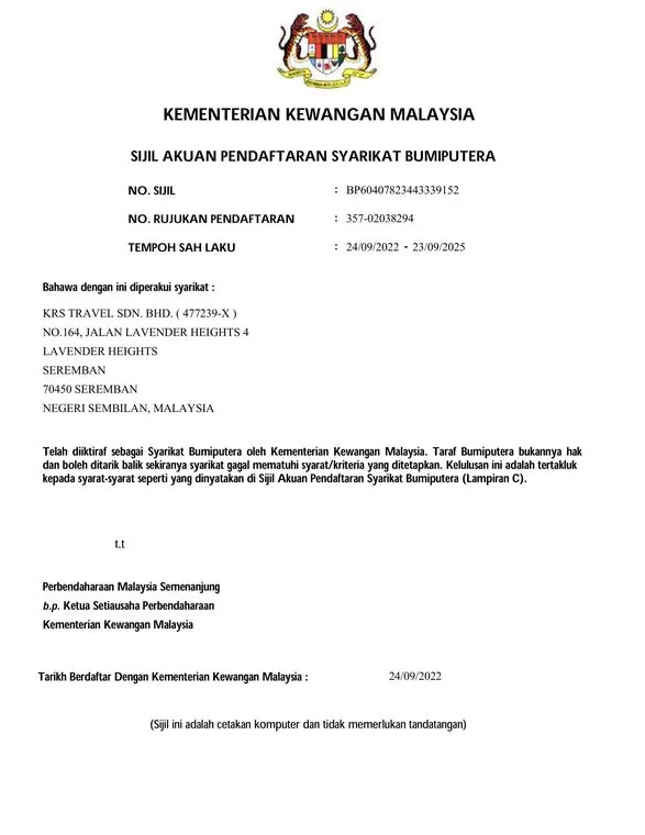 Sijil Akuan Pendaftaran Syarikat Bumiputera, Kementerian Kewangan Malaysia