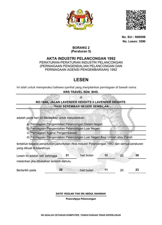 Lesen Kementerian Pelancongan Malaysia (MOTAC) No. 3590