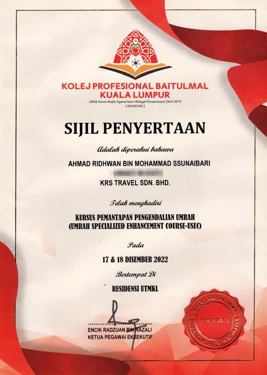 Sijil Penyertaan Kursus Pemantapan Pengendalian Umrah (USEC), Kolej Profesional Baitulmal Kuala Lumpur