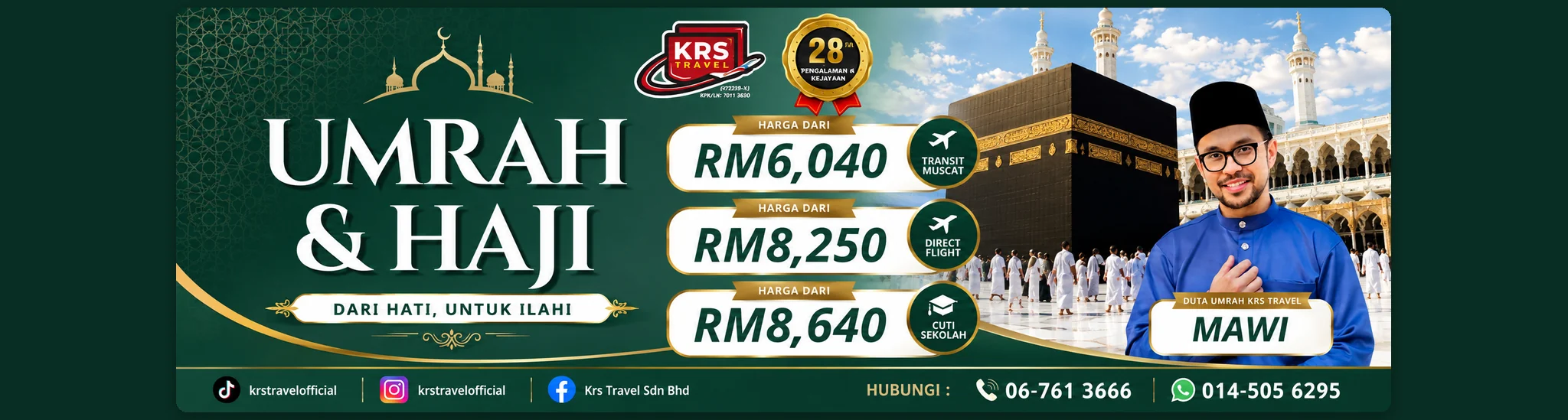 Pakej Umrah & Haji KRS Travel — dari hati, untuk Ilahi. Harga serendah RM6,040 transit Muscat, RM8,250 direct flight, RM8,640 cuti sekolah