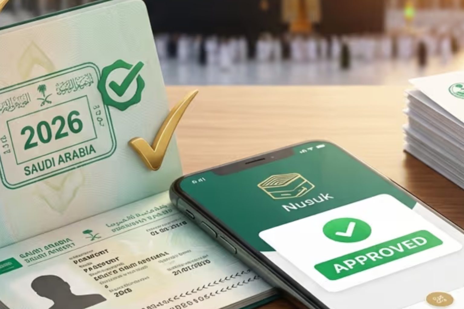 Pasport dengan visa Saudi 2026, telefon memaparkan kelulusan visa dalam aplikasi Nusuk dan susunan dokumen permohonan di atas meja, dengan jemaah di Masjidil Haram kabur di latar belakang